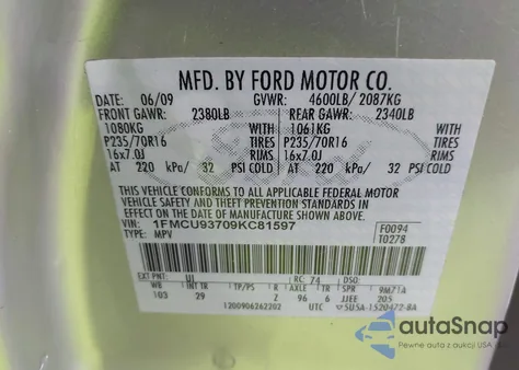 2009 Ford Escape Xlt from USA, damaged, VIN 1FMCU93709KC81597